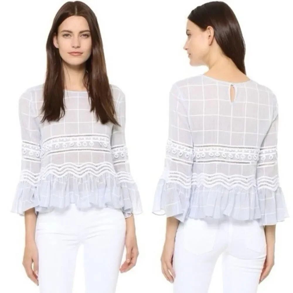 Jonathan Simkhai Blue Voile Grid Cotton Blouse XS Lace Ruffle Hem Top Keyhole